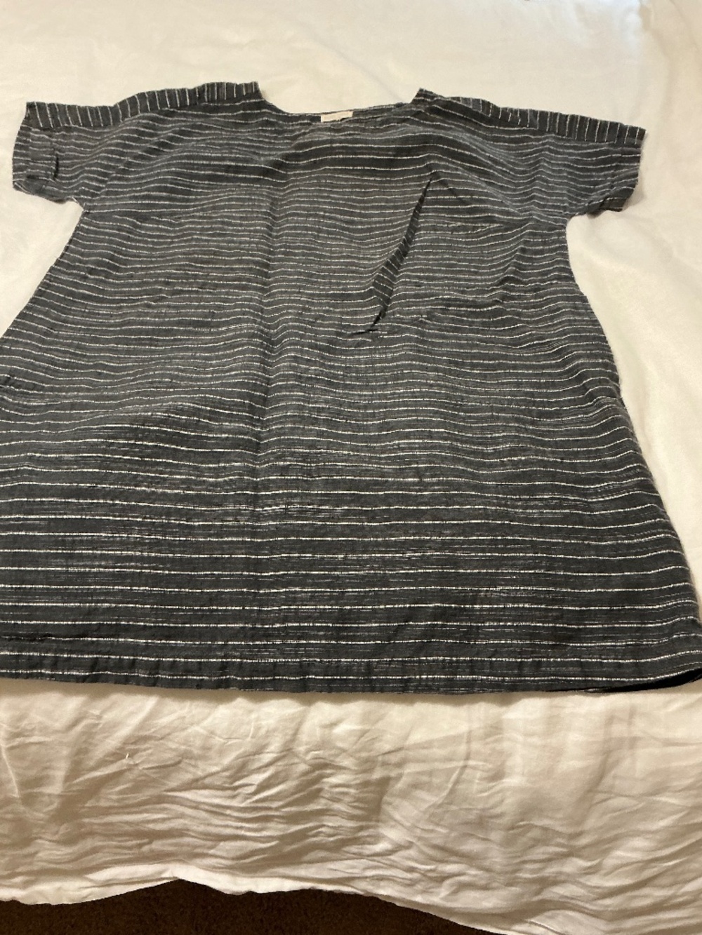 Eileen Fisher Striped Boxy Short Sleeve Dress Gray White Linen Blend